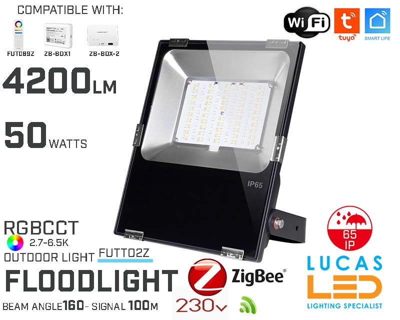 Zigbee 3.0 Outdoor LED Flood Lights • Philips LED Chips • RGB+CCT • 50W • 4200lm • IP65 • WiFi • 2.4G • Wireless • Compatible • Smart • Lighting • System • MultiZone • MiBoxer • FUT02Z • 230V