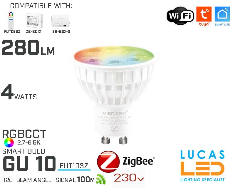 Zigbee 3.0 GU10 Bulb • RGB + CCT • 4W • 280LM • WiFi • Smart Lighting System • Wireless • MiBoxer • MiLight • FUT103Z • 230V