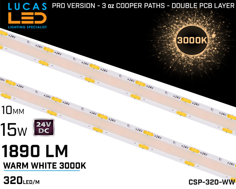 LED Strip Warm White • COB Spotless • 24V • 15W • 3000K • IP20 • 1890lm • 10mm • 3oz Cooper paths PRO Version • Ra90 •