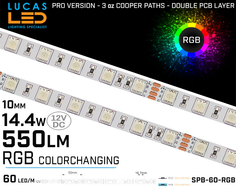 Outdoor LED Strip RGB • 60LED/m • 12V • 14.4W •IP20 • 550lm • 10.3mm • PRO Version 3oz Cooper paths • 