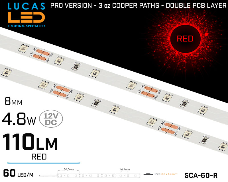 LED Strip RED • 60 LED/m • 12V • 4.8W • IP20 • 110lm • 8mm • 3oz Cooper paths PRO Version