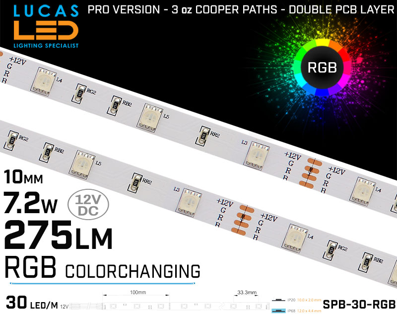 LED Strip RGB • 30LED/m • 12V • 7.2W • IP20 • 275lm • 10mm • PRO Version 3oz Cooper paths