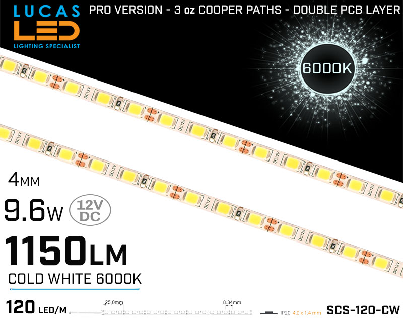 LED Strip Cold White 4mm • 120 LED/m • 12V • 9.6W • 6000K • IP20 • 1150lm • 4mm • 3oz Cooper paths PRO Version