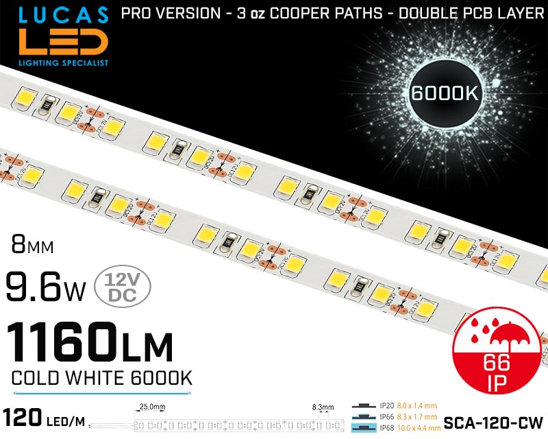 LED Strip Cold White • 120 LED/m • 12V • 9.6W • 6000K • IP66 • 1160lm • 8mm • 3oz Cooper paths PRO Version • Waterproof