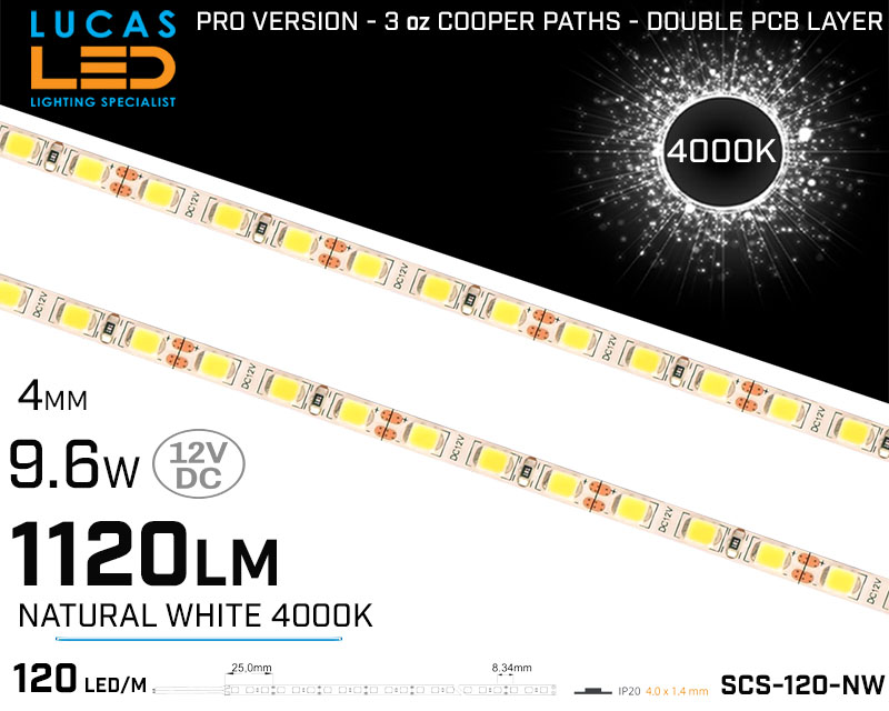 LED Strip Natural White 4mm • 120 LED/m • 12V • 9.6W • 4000K • IP20 • 1120lm • 4mm • 3oz Cooper paths PRO Version