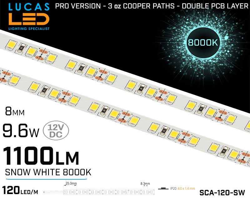 LED Strip Ultra Cold White • 120 LED/m • 12V • 9.6W • 6000K • IP20 • 1160lm • 8mm •3oz Cooper paths PRO Version