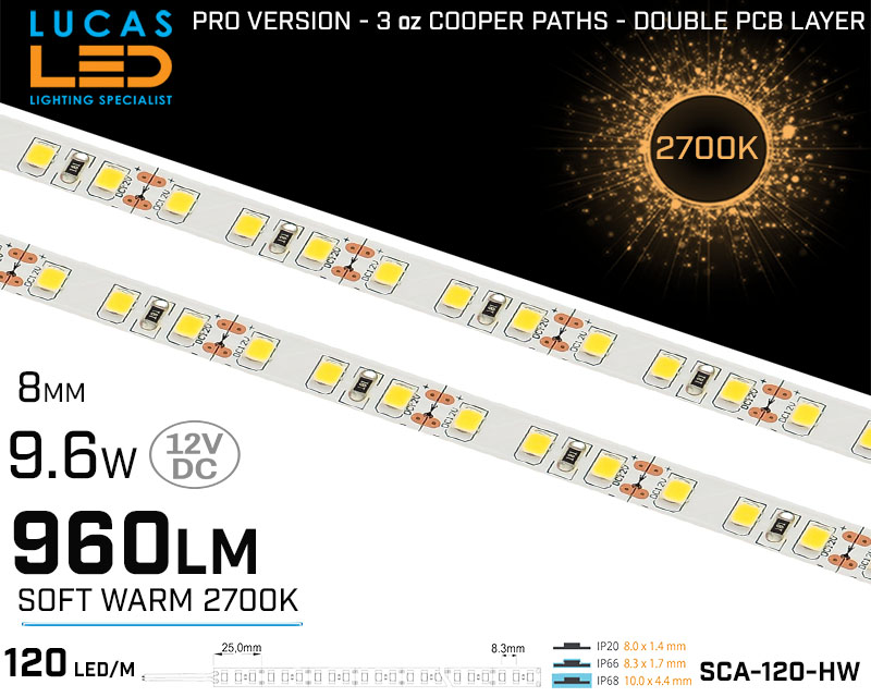 LED Strip Soft Warm White • 120 LED/m • 12V • 9.6W • 2700K • IP20 • 960lm • 8mm •3oz Cooper paths PRO Version