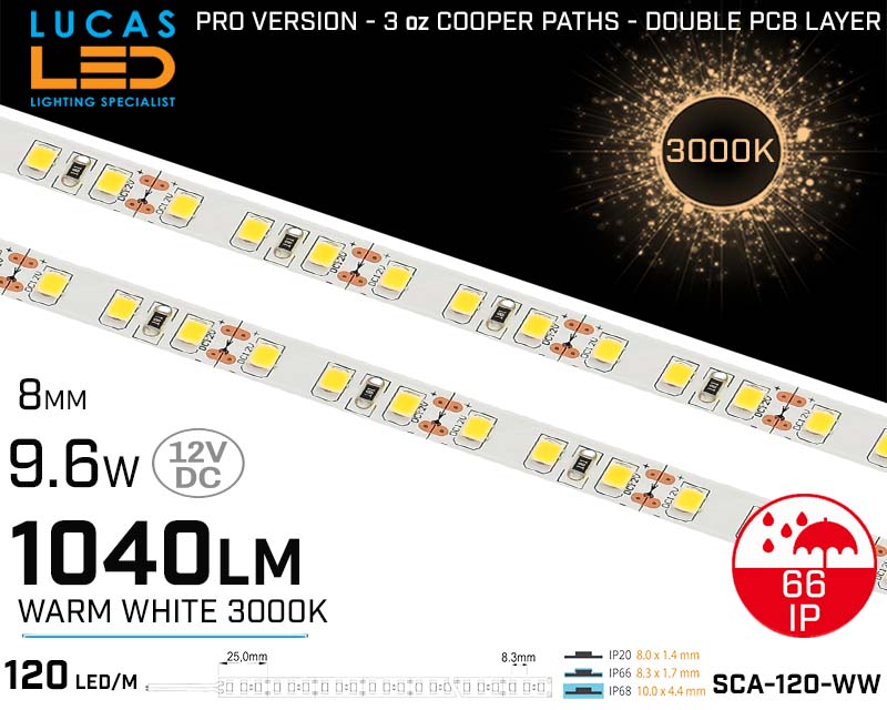 LED Strip Warm White • 120 LED/m • 12V • 9.6W • 3000K • IP66 • 1040lm • 8mm • 3oz Cooper paths PRO Version • Waterproof