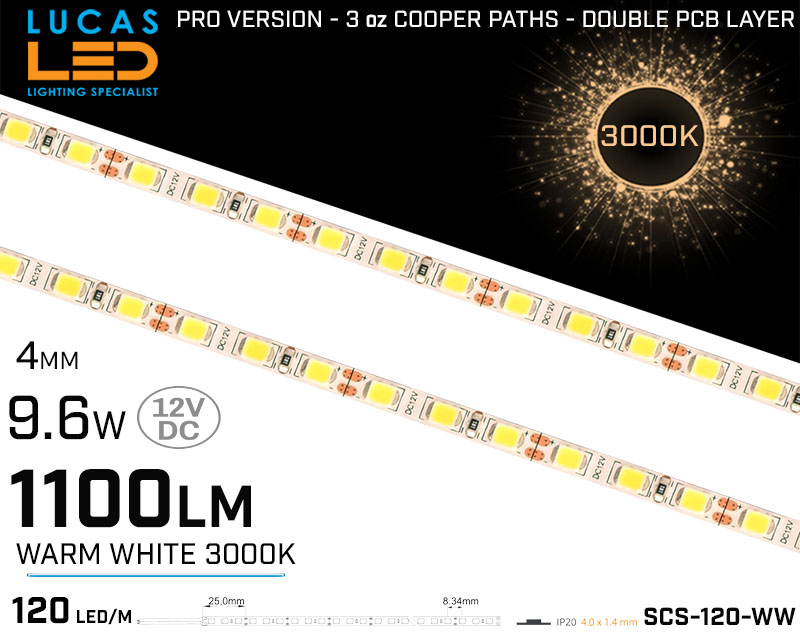 LED Strip Warm White 4mm • 120 LED/m • 12V • 9.6W • 3000K • IP20 • 1100lm • 4mm • 3oz Cooper paths PRO Version