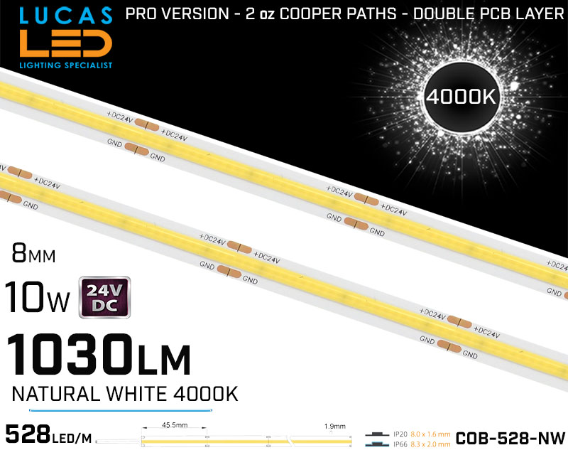 LED Strip COB Natural White •Spotless• 24V • 10W • 4000K • IP20 • 1030lm • 8mm •3oz Cooper paths PRO Version