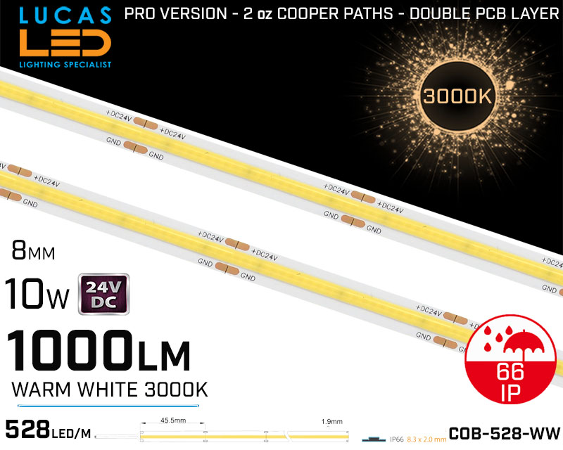 LED Strip COB Warm White • Spotless • 24V • 10W • 3000K • IP66 • 1000lm • 8mm •3oz Cooper paths PRO Version • Waterproof