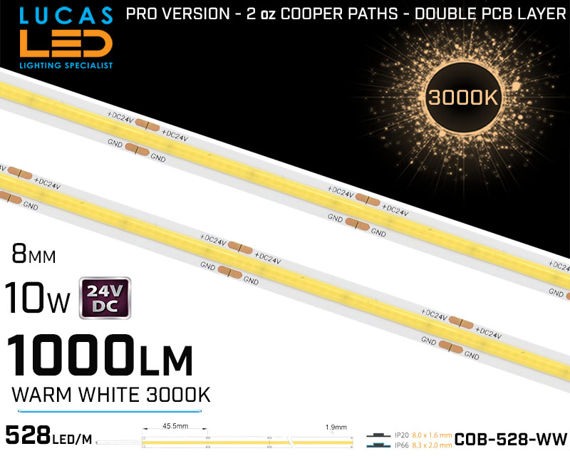 LED Strip COB Warm White • Spotless • 24V • 10W • 3000K • IP20 • 1000lm • 8mm •3oz Cooper paths PRO Version