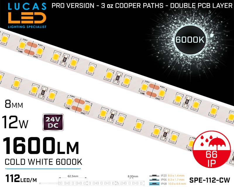 Outdoor LED Strip Cold White • 112 LED/m • 24V • 12W • 6000K • IP66 • 1600lm • 8.3mm •3oz Cooper paths PRO Version • Waterproof