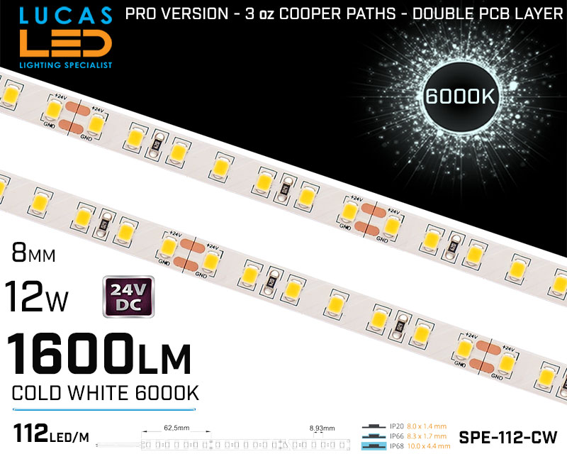LED Strip Cold White • 112 LED/m • 24V • 12W • 6000K • IP20 • 1600lm • 8mm •3oz Cooper paths PRO Version