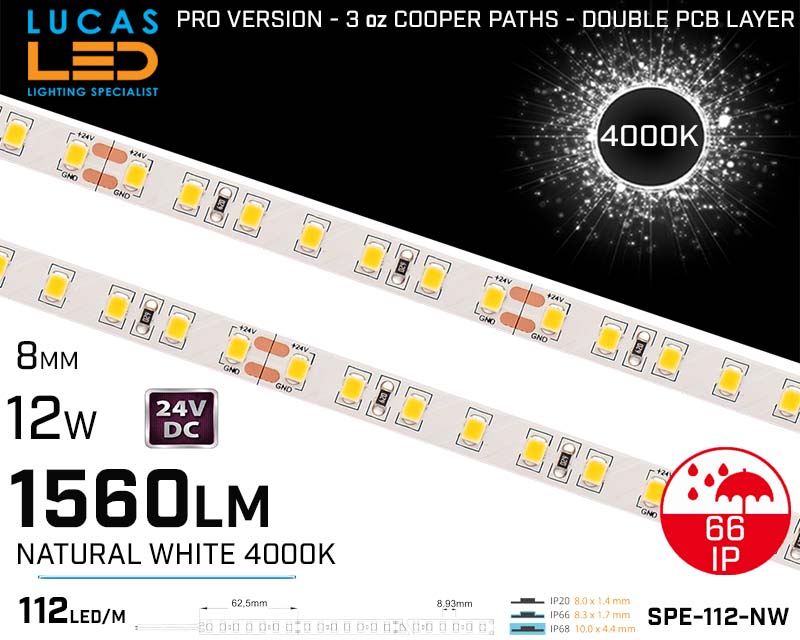 Outdoor LED Strip Natural White • 112 LED/m • 24V • 12W • 4000K • IP66 • 1560lm • 8.3mm •3oz Cooper paths PRO Version • Waterproof