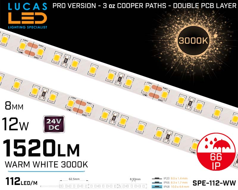 Outdoor LED Strip Warm White • 112 LED/m • 24V • 12W • 3000K • IP66 • 1520lm • 8.3mm • 3oz Cooper paths PRO Version • Waterproof •
