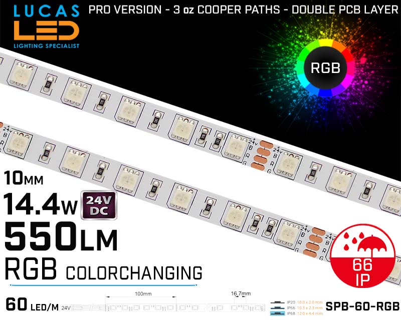 Outdoor LED Strip RGB • 60LED/m • 24V • 14.4W • IP66 • 550lm • 10.3mm • PRO Version 3oz Cooper paths • Waterproof