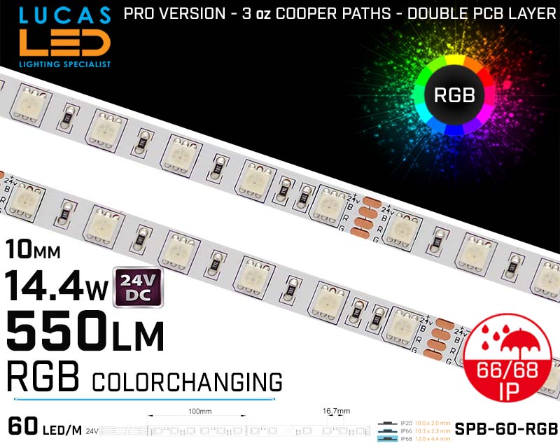 Outdoor LED Strip RGB • 60LED/m • 24V • 14.4W • IP66/68 • 550lm • 10.3mm • PRO Version 3oz Cooper paths • Waterprof