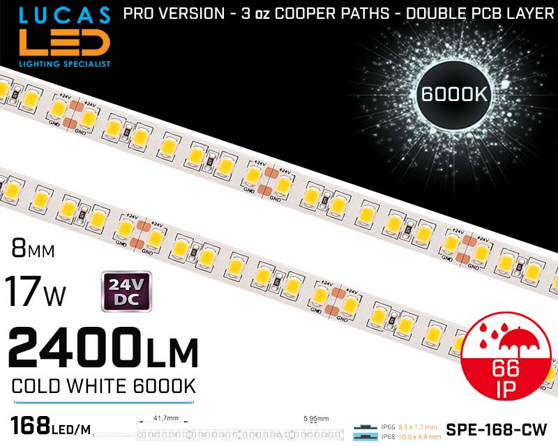 Outdoor LED Strip Cold White Ultra High Bright • 168 LED/m • 24V • 17W • 6000K • IP66 • 2400lm • 8.3mm •3oz Cooper paths PRO Version • Waterproof