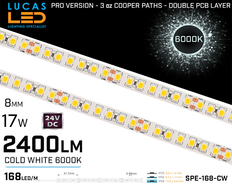 LED Strip Cold White Ultra High Bright • 168 LED/m • 24V • 17W • 6000K • IP20 • 2400lm • 8mm •3oz Cooper paths PRO Version