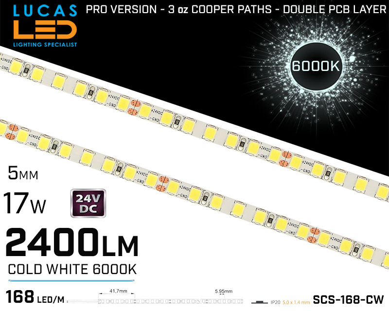 LED Strips Cold White Ultra High Bright • 168LED/m 24V • 17W • 6000K • IP20 • 2400lm • 5mm • PRO Version 3oz Cooper paths