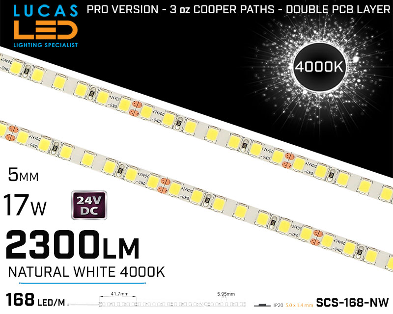 LED Strips Natural White Ultra High Bright • 168LED/m 24V • 17W • 4000K • IP20 • 2300lm • 5mm • PRO Version 3oz Cooper paths