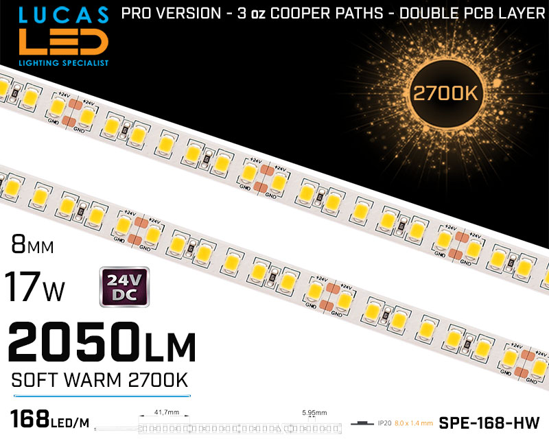 LED Strip Soft Warm Ultra High Bright • 168 LED/m • 24V • 17W • 2700K • IP20 • 2050lm • 8mm •3oz Cooper paths PRO Version