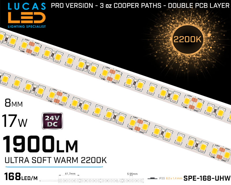 LED Strip Ultra Soft Warm High Bright • 168 LED/m • 24V • 17W • 2200K • IP20 • 1900lm • 8mm •3oz Cooper paths PRO Version