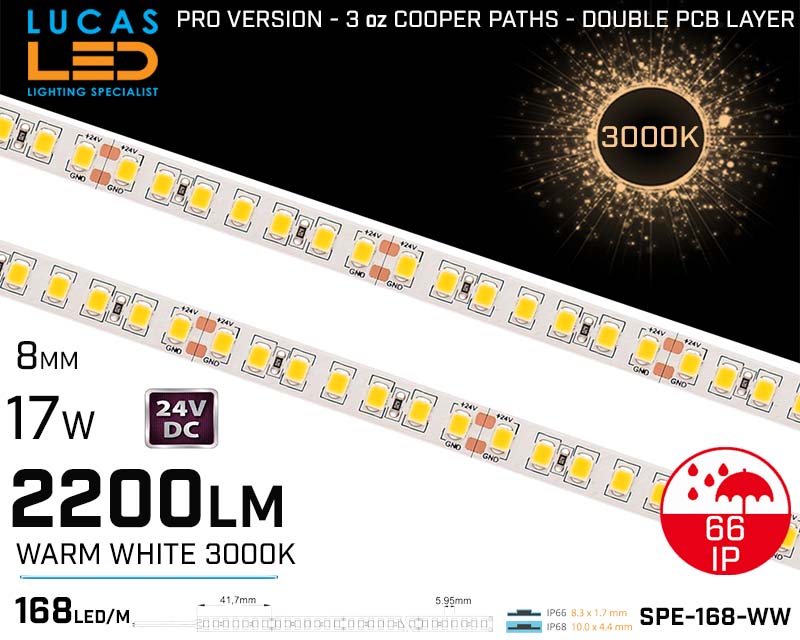 Outdoor LED Strip Warm White Ultra High Bright • 168 LED/m • 24V • 17W • 3000K • IP66 • 2200lm • 10mm •3oz Cooper paths PRO Version • Waterproof