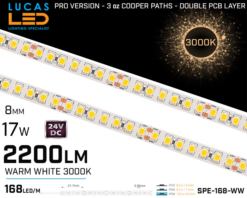 LED Strip Warm White Ultra High Bright • 168 LED/m • 24V • 17W • 3000K • IP20 • 2200lm • 8mm •3oz Cooper paths PRO Version