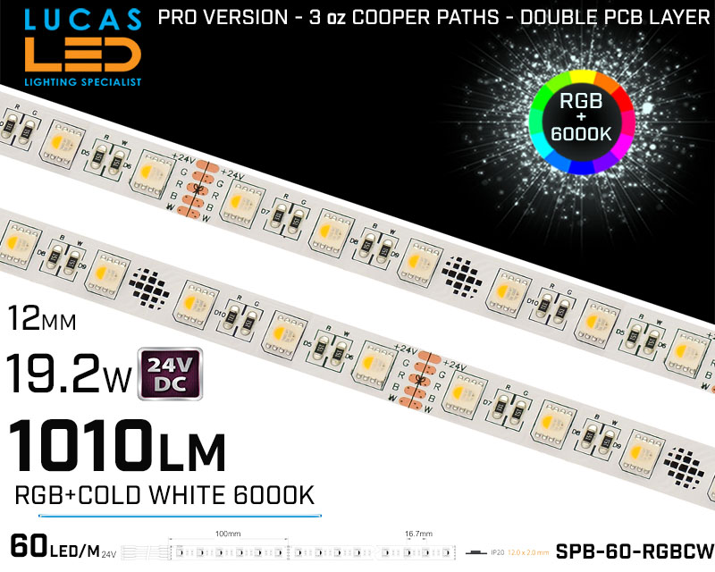 LED Strip RGB+6000K • 60LED/m • 24V • 19.2W • IP20 • 1010lm • 10mm • PRO Version 3oz Cooper paths