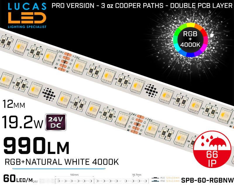 Outdoor LED Strip RGB+4000k • 60LED/m • 24V • 19.2W • IP66 • 990lm • 12.3mm • PRO Version 3oz Cooper paths • Waterproof