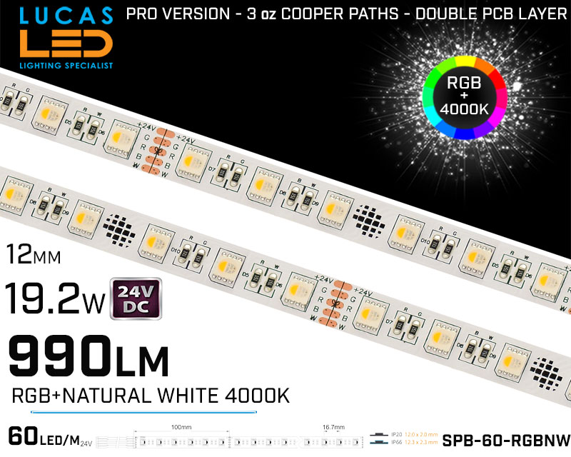 LED Strip RGBW+4000k • 60LED/m • 24V • 19.2W • IP20 • 990lm • 10mm • PRO Version 3oz Cooper paths