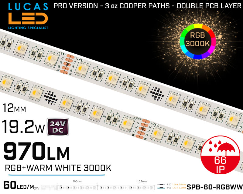 Outdoor LED Strip RGB+3000K • 60LED/m • 24V • 19.2W • IP66 • 970lm • 12.3mm • PRO Version 3oz Cooper paths • Waterproof