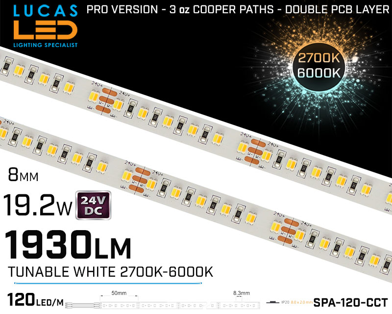LED Strip CCT • Warm-Cold White • 120 LED/m • 24V • 19.2W • CCT • IP20 • 1930lm • 12mm •3oz Cooper paths PRO Version