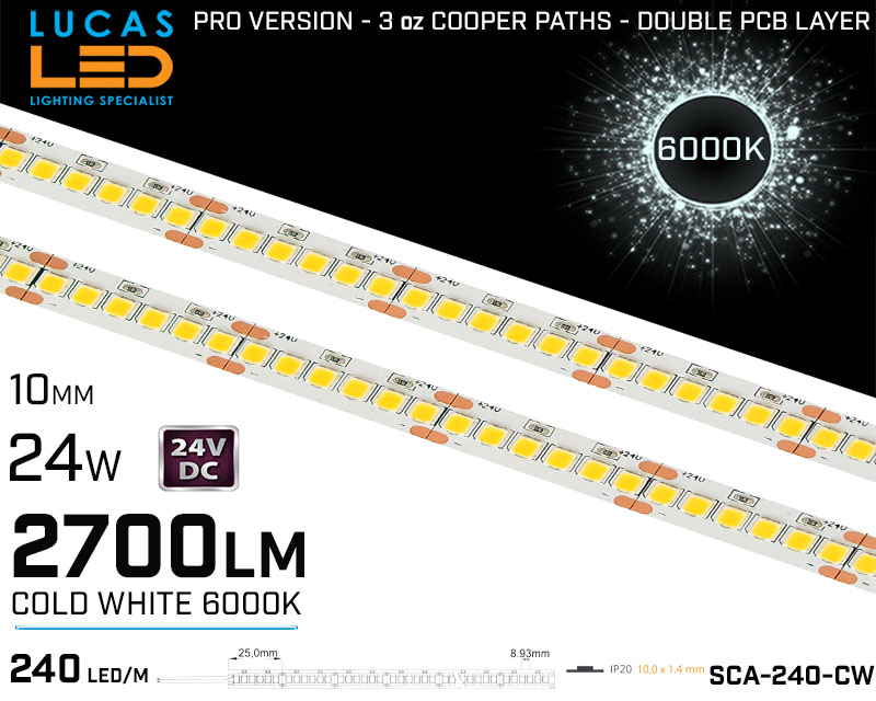 LED Strip Cold White • 240 LED/m • 24V • 24W • 6000K • IP20 • 2700lm • 10mm •3oz Cooper paths PRO Version