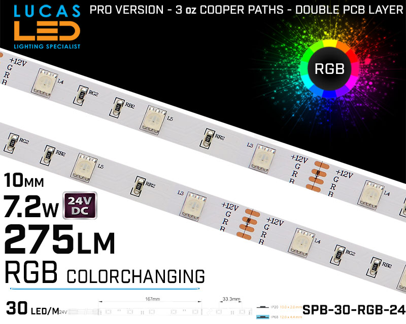 LED Strip RGB  • 30LED/m • 24V • 7.2W • IP20 • 275lm • 10mm • PRO Version 3oz Cooper paths