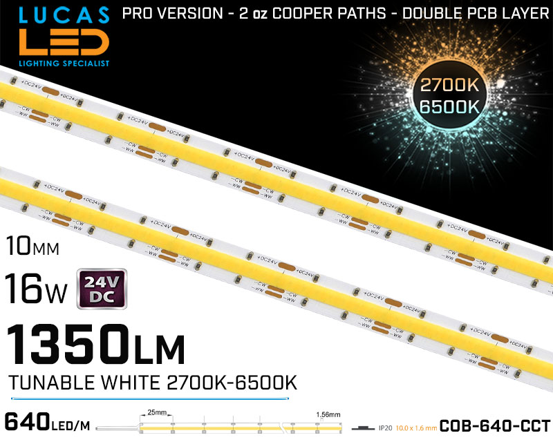 LED Strip COB CCT 2700-6500K • Spotless • 24V • 16W • IP20 • 1350lm • 10mm • 2oz Cooper paths PRO Version • 