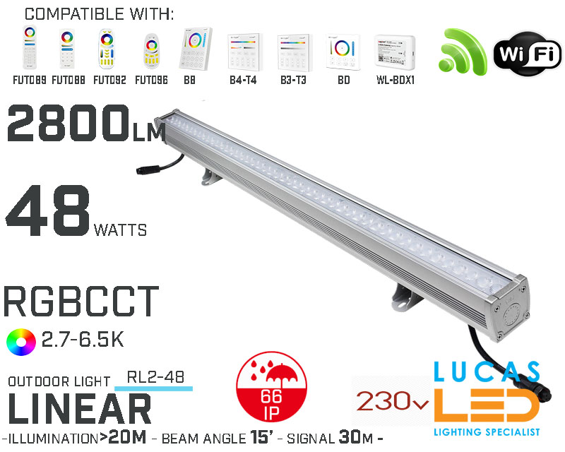 Wall Washer LED Light • RGB+CCT • 48W • 2800lm • IP66 • WiFi • Smart Lighting System • Wireless • MiBoxer • RL2-48 • 230V
