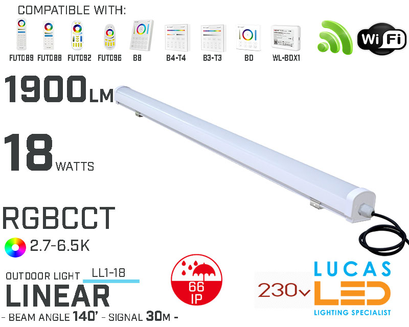 LED Linear Light • RGB+CCT • 18W • 1900lm • IP66 • WiFi • Smart Lighting System • Wireless • MiBoxer • LL1-18 • 230V