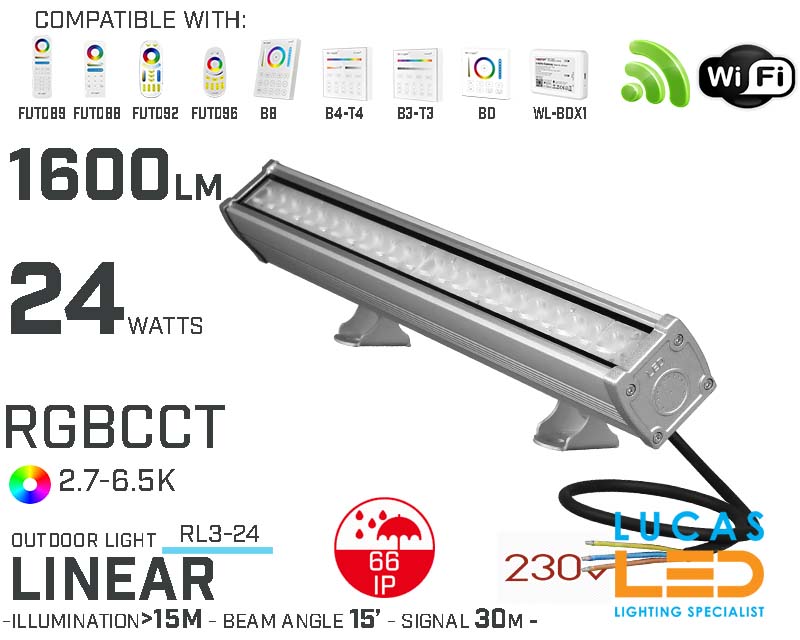 Wall Washer LED Light • RGB+CCT • 24W • 1600lm • IP66 • WiFi • Smart Lighting System • Wireless • MiBoxer • RL3-24 • 2700-6500K