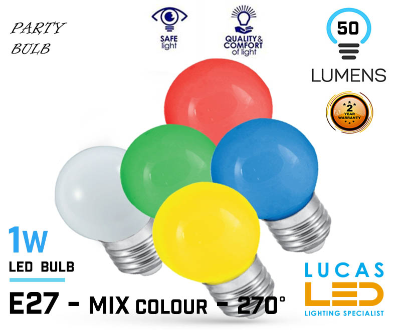 E27 LED Coloured Bulb Light - 1W - MIX Colour 10 pcs - Globe - Ball - Party - Festoon - String bulb - Multicoloured