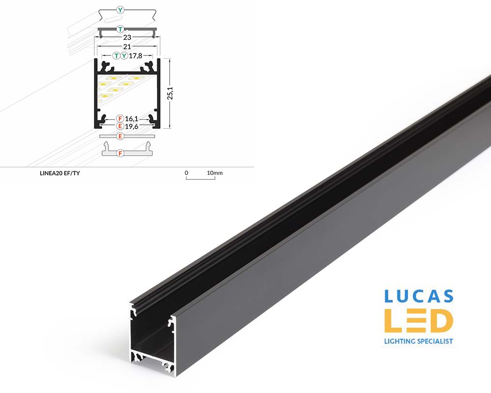 LED Surface Profile , Linea20 EF/TY, BLACK , 2 meter- Designed for Single & Dual LED Strips