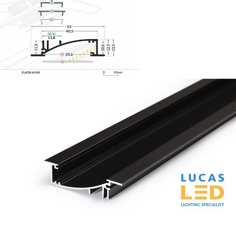 LED Recessed Profile - FLAT8 H/UX  - designed for plasterboard & furniture section - BLACK , 2 meter