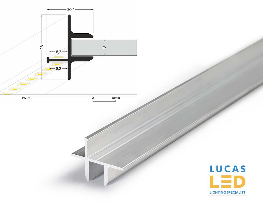 LED Glass Profile TWIN8 , Silver ,2 Meter Length