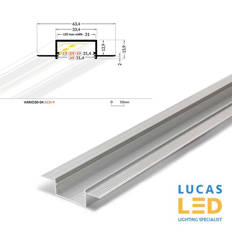 LED Architectural Recessed Profile,VARIO 30-04 , Plaster In ,Alu ,2 Meter Length