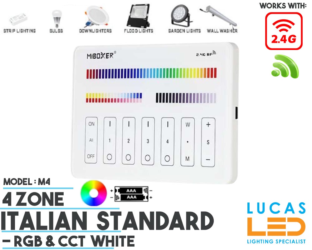 LED Italian Standart Touch Panel Switch • RGB+CCT • MiBoxer • 4 zone • 2.4G • Wireless • Compatible • Smart Lighting System • MultiZone • M4-1 • 2xAAA