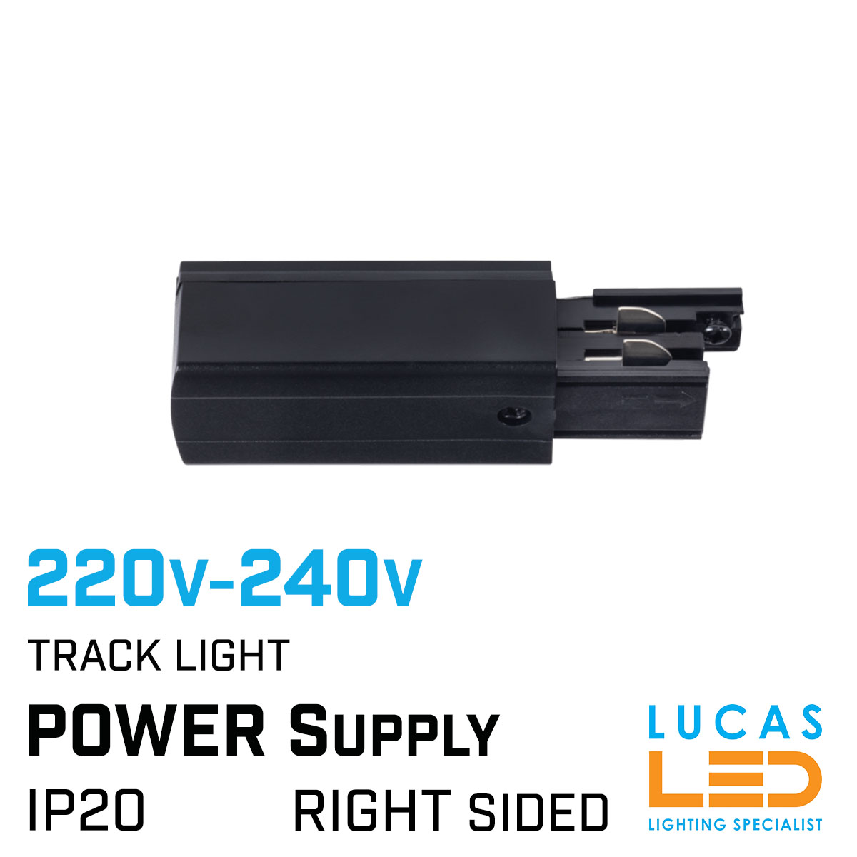 Power Supply Connector type - RIGHT Sided - for Rail - LED Track Lighting system - 3-phase - 3 circuit - Black