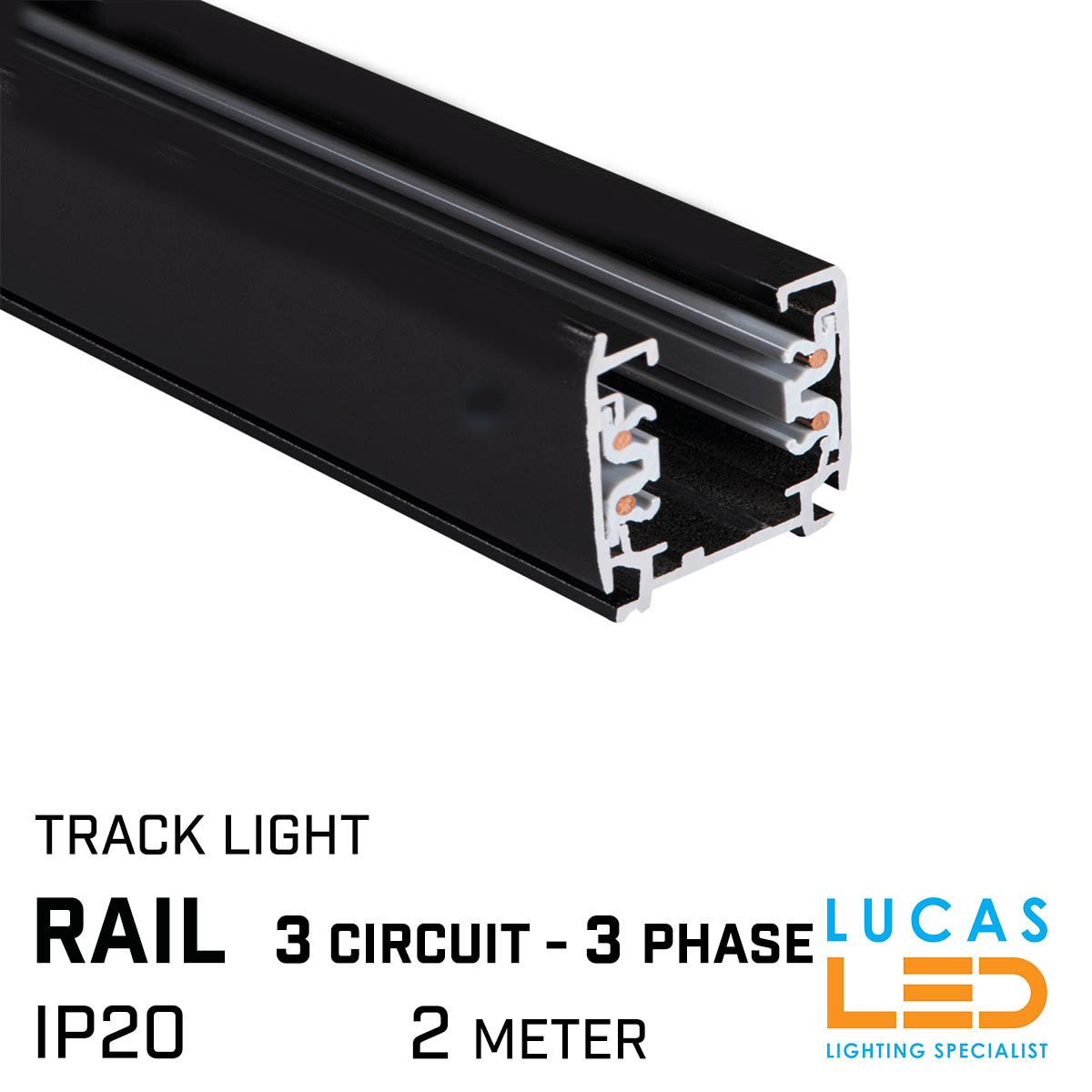 2 Meter - RAIL 3 circuit - for LED Track Lights 3 phase - Black
