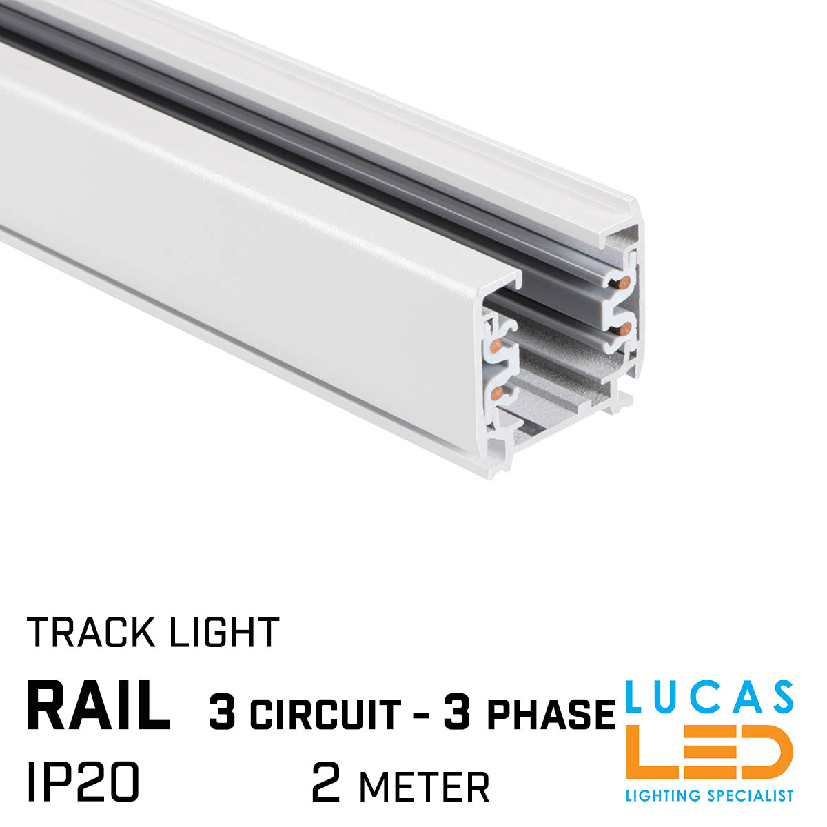 2 meter Power RAIL track 3 circuit -  3 phase - for LED Track Lights - White